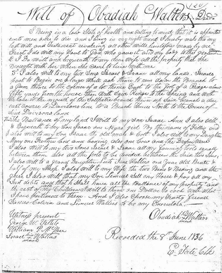 Obediah Walters (1765-1836) will